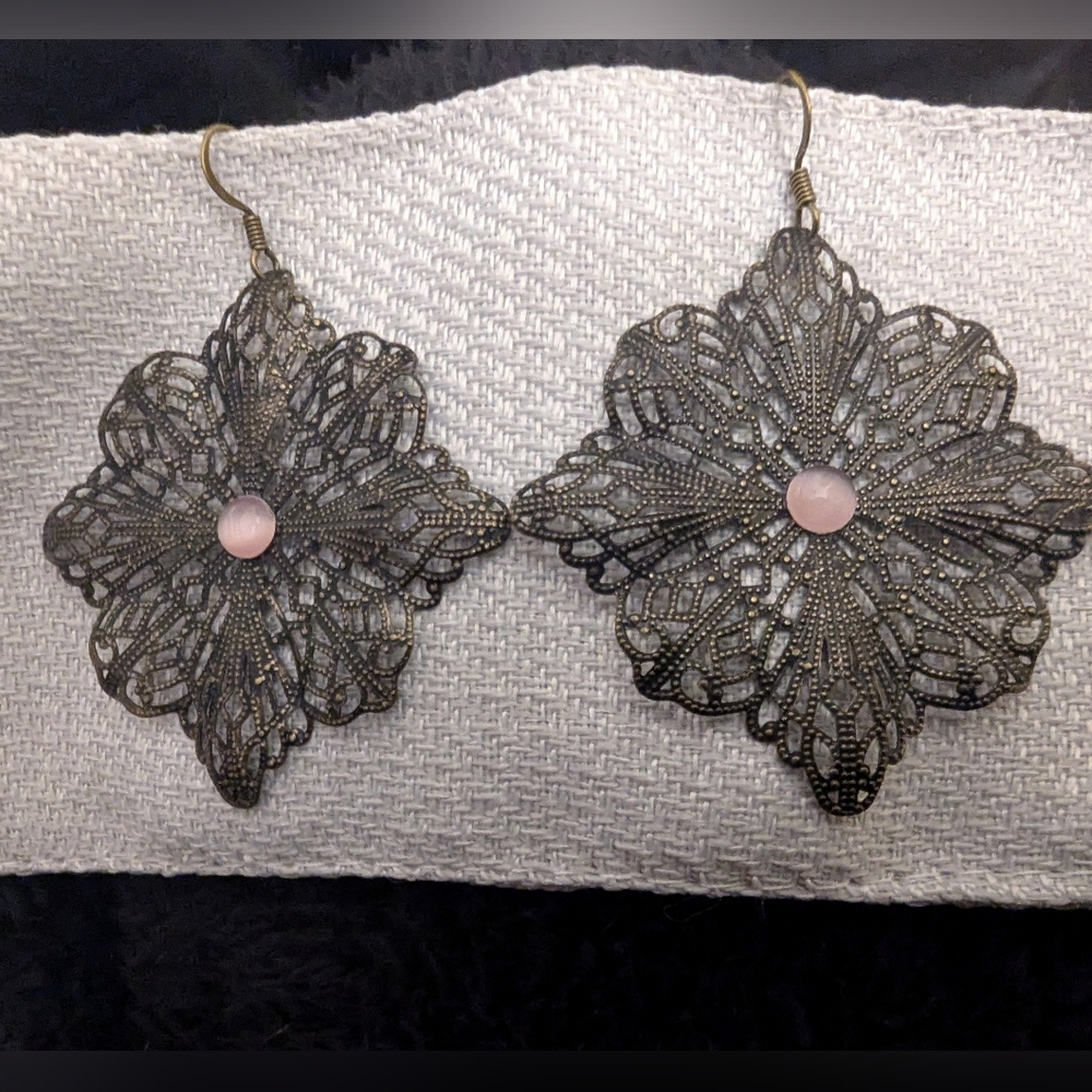 Large Bronze & Pink Cat Eye Earrings